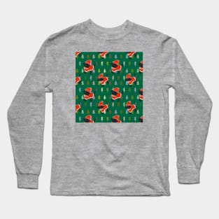 Cute Dog in Christmas Tree Winter Sweater and Red Hat Pattern Long Sleeve T-Shirt